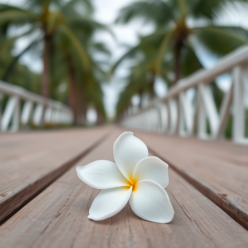 close-up of a white flower on wooden planks, blurred background of palm trees and railing, soft natural lighting, aperture f/2.8, shutter speed 1/200s, ISO 100, macro lens, DSLR camera
