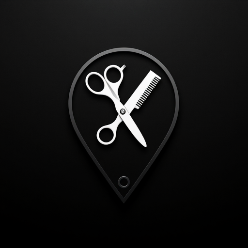 Create a vector graphic of a scissors and comb icon inside a location pin shape on a black background, using a Canon EOS R5 camera at f/8, ISO 100, 1/200s, in a top-down view with a flat lay style to enhance clarity and detail.