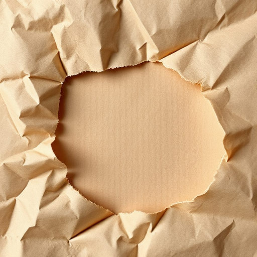 Create an image of a torn piece of crumpled brown paper with a blank center, captured with a DSLR camera at f/8 aperture, ISO 100, 50mm lens, in natural lighting, using a macro view to enhance texture details.