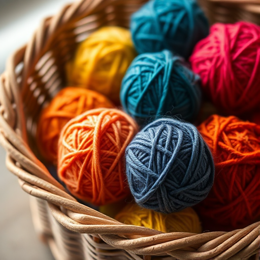 A close-up shot of a woven basket filled with colorful yarn balls, soft diffused lighting, shallow depth of field, f/2.8 aperture, ISO 200, 50mm lens, Canon DSLR, natural light, slightly above view to capture texture and details, emphasize warm tones.