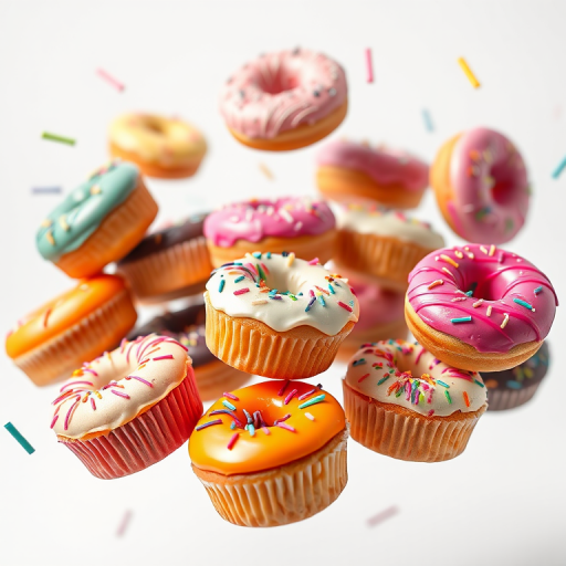 A high-resolution image of a flying assortment of colorful donuts and cupcakes with sprinkles, captured with a Canon EOS R5 camera, 50mm lens, f/2.8 aperture, ISO 100, studio lighting for vibrant colors, white background for high contrast, and a soft focus effect to enhance depth.