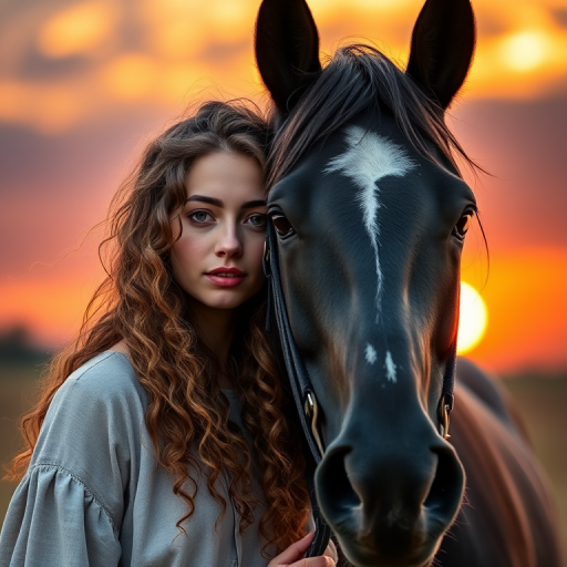 portrait of a young woman with long curly hair and a black horse, dramatic sunset background, soft focus, f/2.8 aperture, 50mm lens, depth of field, high resolution, shot with a DSLR camera