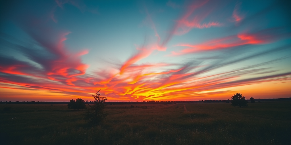 Generate a high-resolution image of a serene landscape at sunset with vibrant colors in the sky, using a Canon EOS 5D Mark IV, 24mm lens, aperture f/11, ISO 100, shutter speed 1/60s, wide-angle view, capturing the peaceful atmosphere and natural beauty.