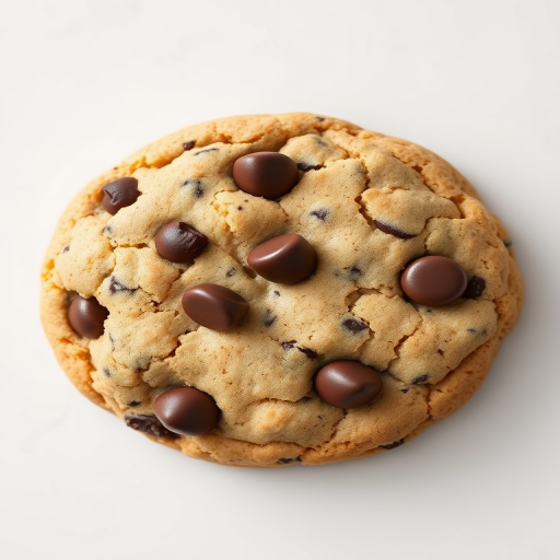 Render a top-down view of a chocolate chip cookie with a textured surface and five chocolate chips, using a DSLR camera at f/4 aperture, ISO 100, with a 50mm lens, in natural light for enhanced details and quality.