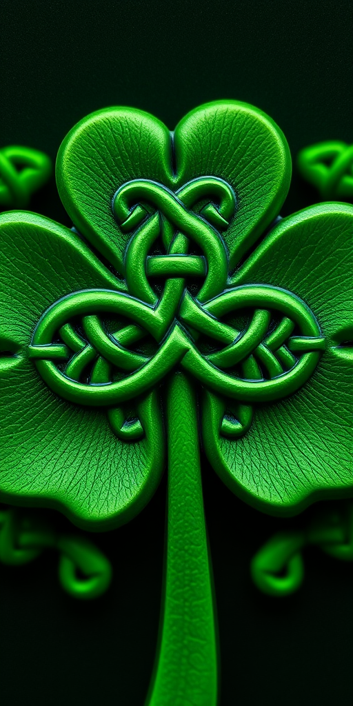 Regenerate a stylized green shamrock design featuring intricate Celtic knot patterns, captured with a Canon EOS R5, 50mm lens, aperture f/2.8, ISO 100, in a close-up view for enhanced detail and clarity.