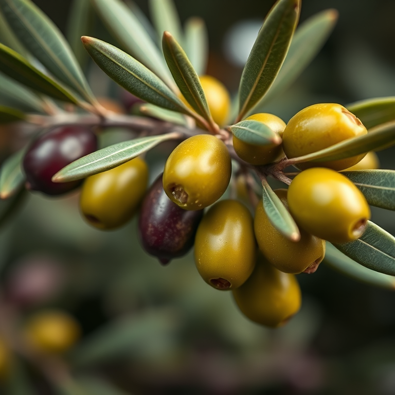 Generate a high-resolution image of an olive branch with ripe olives, using a macro lens at f/2.8 for shallow depth of field, shooting from a 45-degree angle, with vibrant colors and high contrast.