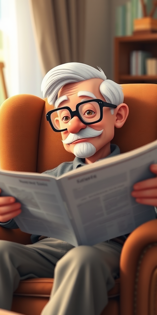 Create a high-resolution illustration of a cartoonish elderly man with glasses sitting in a plush armchair, reading a newspaper, use a soft focus with a warm color palette, camera settings: aperture f/2.8, ISO 100, shutter speed 1/60s, DSLR camera, natural lighting, slightly elevated angle for a cozy view.