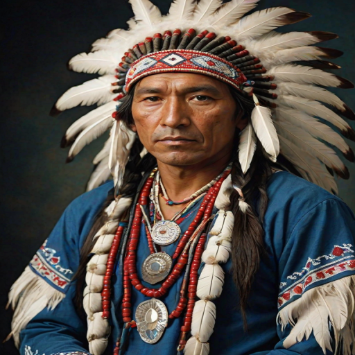 Create a dignified portrait of a Native American man dressed in traditional attire. He wears a beautifully crafted headdress adorned with white feathers and red beads, along with a beaded headband featuring intricate patterns. His clothing includes a deep blue, patterned shirt and a traditional chest piece with detailed beadwork. His arms are crossed, displaying leather armbands decorated with feathers. The background is simple and neutral, emphasizing his proud and stoic expression. The overall image captures the rich cultural heritage and strength of his persona.
