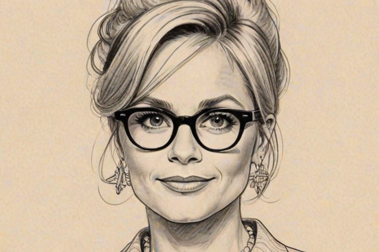 Attractive Amy Sedaris, pencil sketch, portrait of Elegant woman 1960s in glasses, hair style beatnik, outline, clear lines, fine lines, 8k