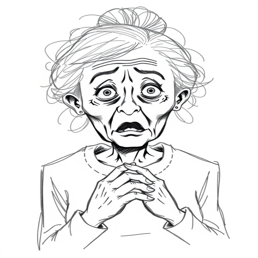 scribbly unfinished sketch, old lady with messy gray hair in a loose bun, surprised expression, mouth open, hands clasped together in front of her chest. Her eyes are wide, eyebrows are furrowed. vibe of shock or surprise.