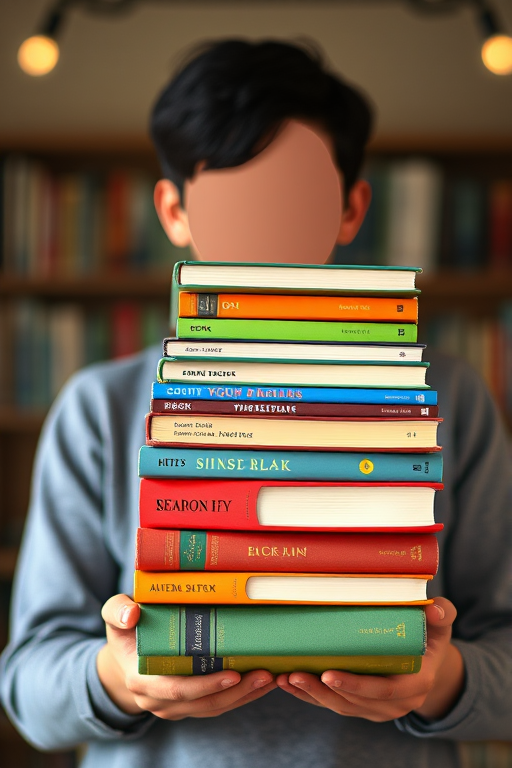 Create a digital illustration of a person with no visible face holding a stack of colorful books, with a soft-focus background to enhance depth, using a Canon EOS R5 camera with a 50mm f/1.2 lens, aperture set to f/2.8, and a low-angle view to emphasize the books.