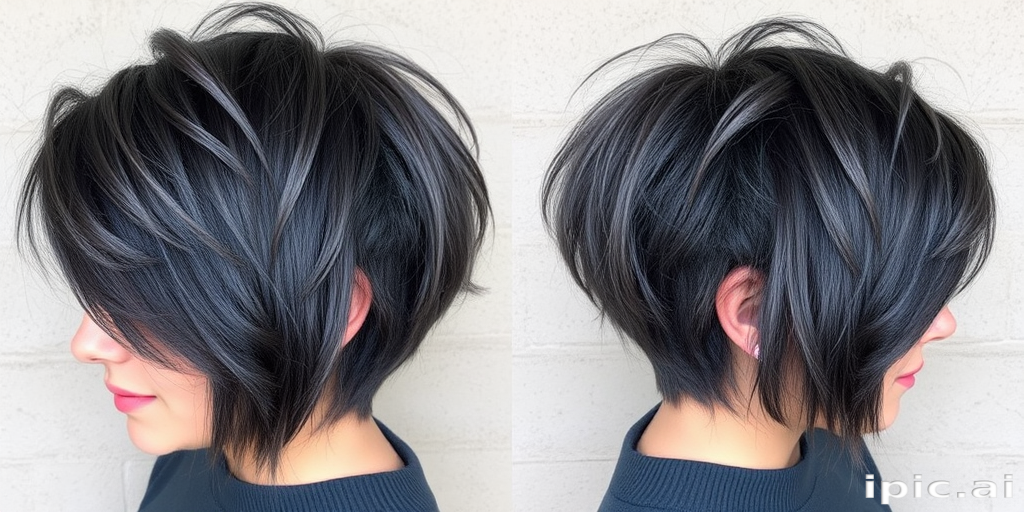 Charcoal grey long pixie cut called "Smoky Quartz" featuring textured layers and wispy bangs, styled with a tousled, bedhead look for effortless cool