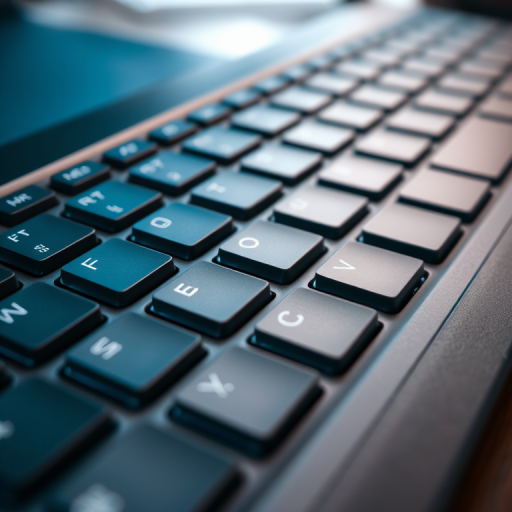 Close-up shot of a modern computer keyboard from a top-down perspective, focusing on key details and textures, using a DSLR camera with a 50mm lens, aperture set to f/2.8, ISO 100, shutter speed 1/60s for optimal clarity and depth of field.