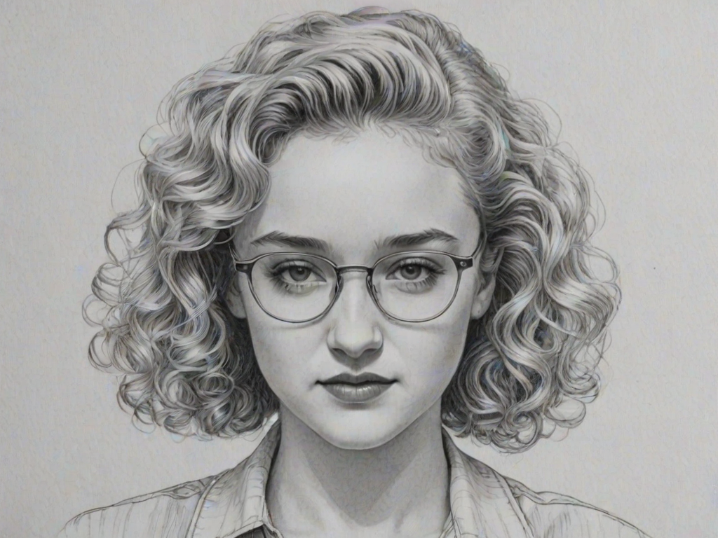 Delightful Julia Garner, pencil sketch, portrait of Gorgeous woman 1980s in glasses, hair style beatnik, outline, clear lines, fine lines, 8k