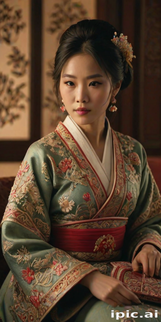 A beautiful woman in traditional East Asian attire, intricately detailed with embroidered patterns, sitting gracefully in a richly decorated room, soft ambient lighting, serene and elegant, ultra-realistic, 8K resolution