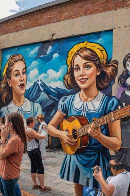 Vibrant street art festival, with artists creating large murals, spectators taking photos, and the sound of music filling the air, creating a lively atmosphere.