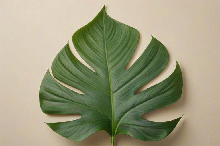 Generate an image of a green tropical leaf with a unique shape, set against a soft neutral background.
