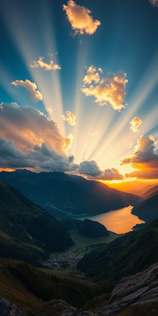 landscape of mountains and lake at sunset with dramatic cloud formations, golden rays of sunlight breaking through clouds, shot with a Canon EOS R5, 24mm lens, aperture f/8, ISO 100, HDR style, panoramic view