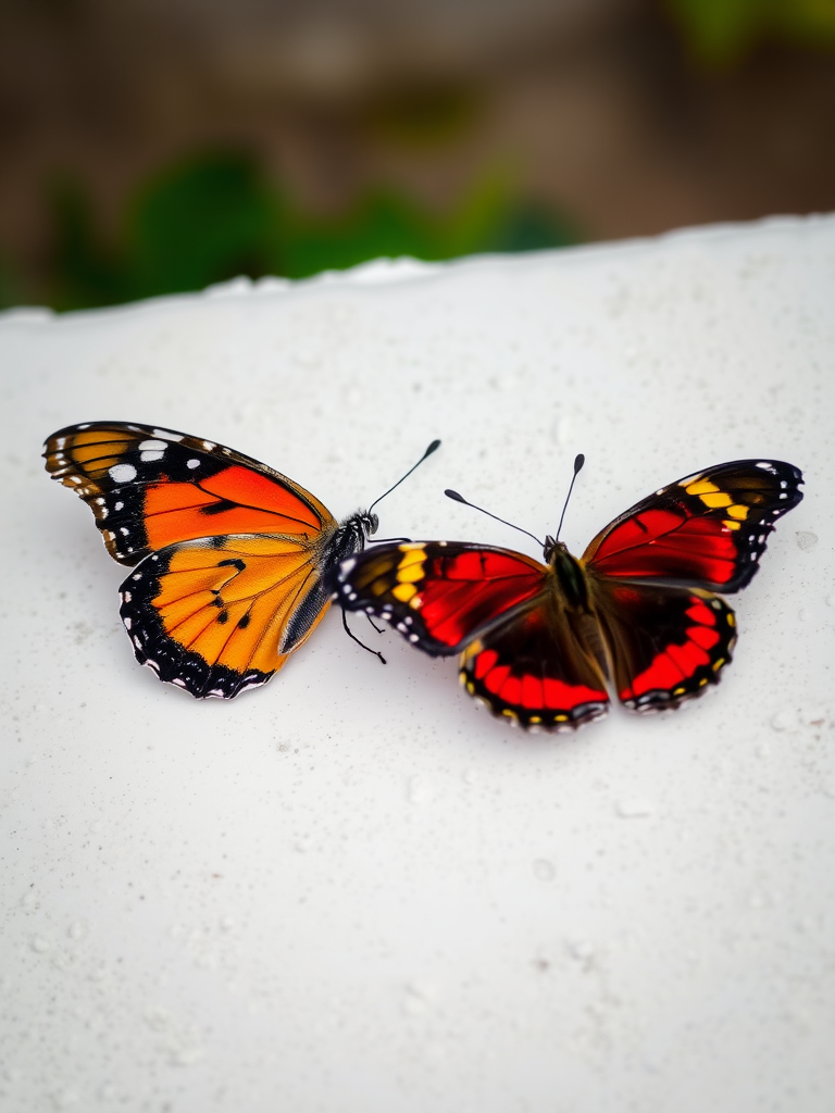 Create an image of two colorful butterflies resting on a textured white surface. One butterfly should have orange and black wings with white spots, while the other should have a deep red and black color scheme with yellow accents. Ensure the butterflies are vividly detailed and positioned close together.