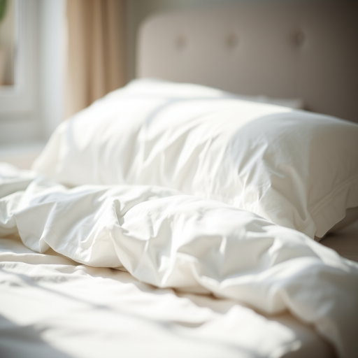 soft focus close-up of a neatly made bed with white linen sheets and pillows, natural light streaming through window, DSLR camera, f/2.8 aperture, 50mm lens, ISO 200, shallow depth of field