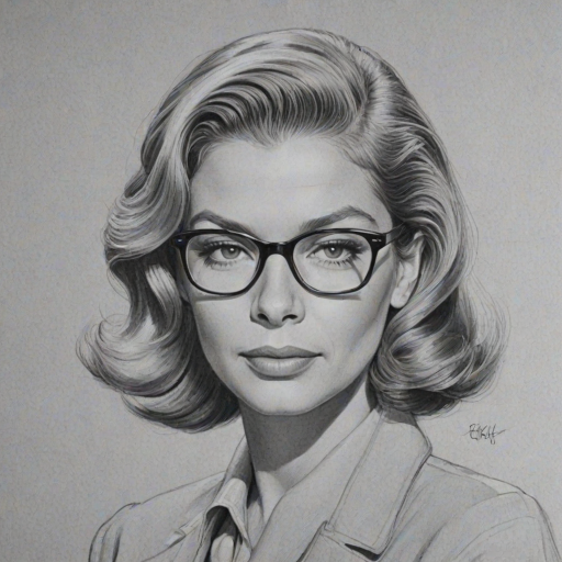 Delightful Lauren Bacall, pencil sketch, portrait of Sublime woman 1961s in glasses, hair style beatnik, outline, clear lines, fine lines, 8k