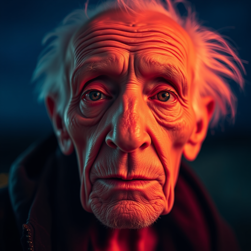 create a close-up perspective view fine art photography contemporary style of an elderly worn albino’s face with a soft, candid expression on a blurred sky black light background.Showcasing a modern style characterized by vibrant blacklight tones, using dramatic lighting and soft gradients to create a fine art atmosphere. The focus is on the light and facial features. motion light blur, neon backlit