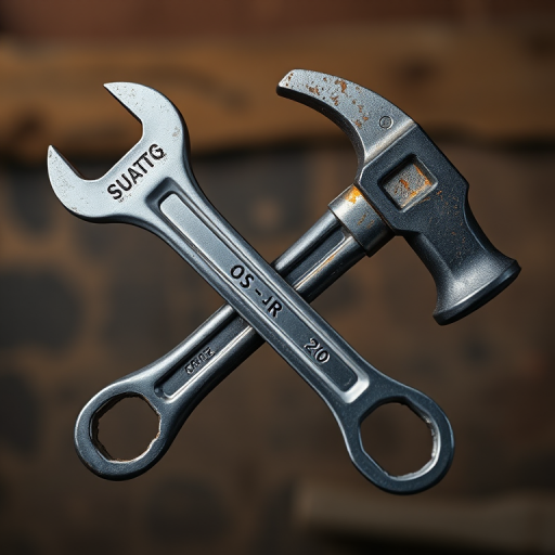 Create a high-resolution image of a crossed wrench and hammer, use a Canon EOS R camera, f/5.6 aperture, 1/125 shutter speed, ISO 100, with a macro lens for clear detail and a soft-focus background.