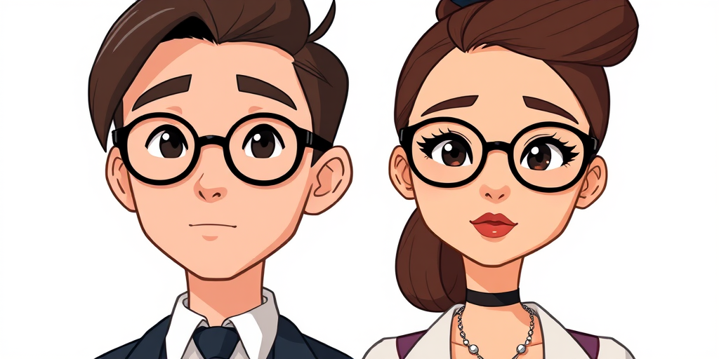 Create a high-definition illustration of two animated characters in a minimalist style, one male with glasses, a tie, and a comb-over, the other female with glasses, a necklace, and a bun hairstyle, using a soft focus lens, portrait view, DSLR camera, aperture f/2.8, ISO 100, and natural lighting to enhance contrast and detail.