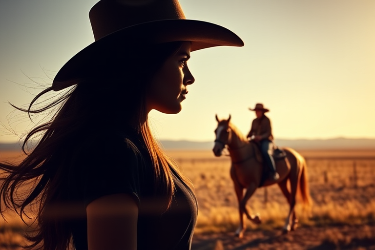 "Create a Double exposure", a silhouette "profile portrait of a young cowgirl" with long hair "superimposed" against a long shot of a cowgirl riding a horse across the plains, fantastic view, 32k, cinematic, hyper-realistic.