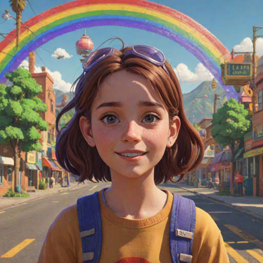 (VGA graphics, 256 colors, digitized), lcas artstyle, 1girl, (detailed facial features), super cute, adorable, Rainbow Road, <lora:Lucasarts Artstyle - (Trigger is lcas artstyle):1>