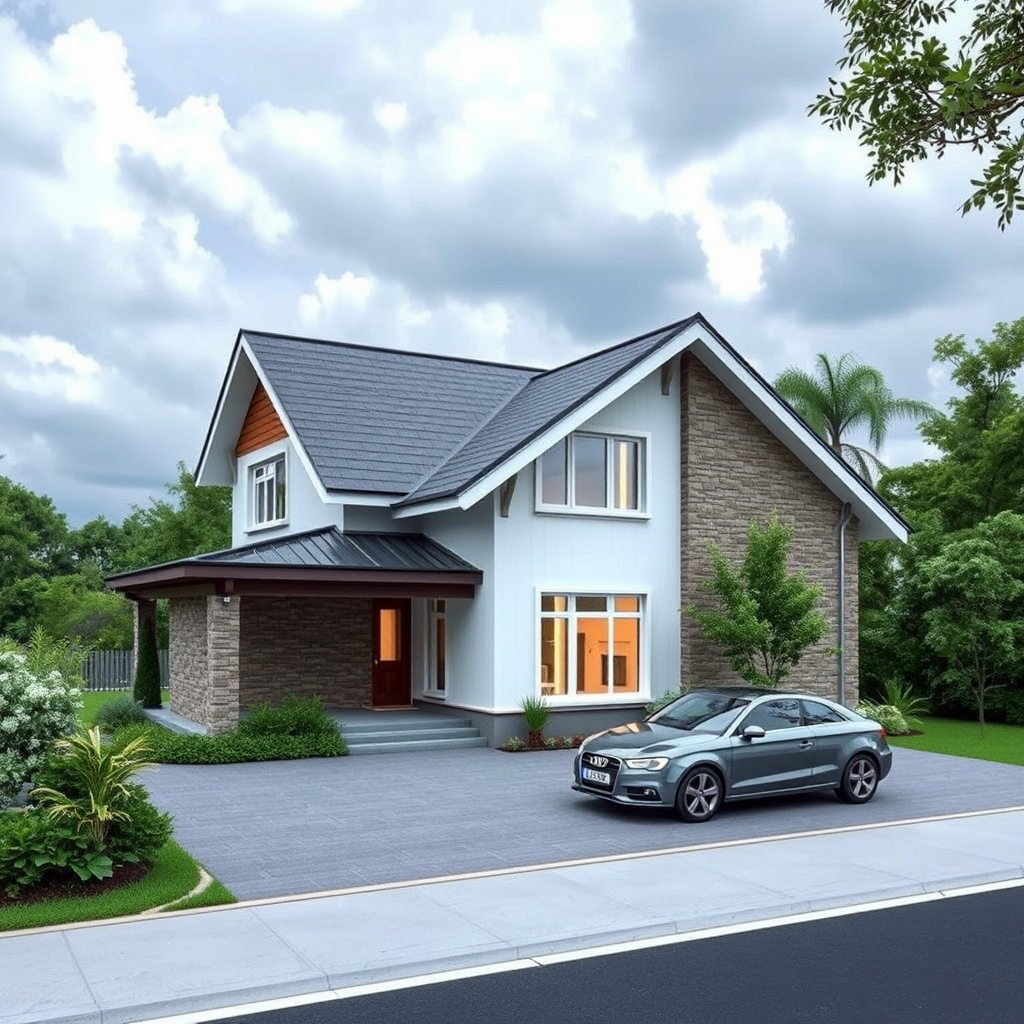 regenerate an image of a modern house with a sloped roof, stone accents, a front porch, surrounded by greenery, and a car parked in the driveway, set in a serene environment with a cloudy sky