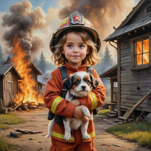 airbrushed oil painting, pixar style, cute little girl in fireman gear, helmet, tousled hair, expressive eyes, standing in the doorstep of a cottage burning behind him, holding a cute little dog in her arm, atumn sky