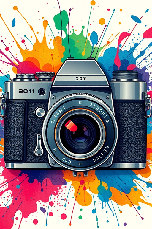 create a high-resolution illustration of a vintage camera surrounded by colorful splashes and abstract designs, shot with a 50mm lens at f/2.8, ISO 100, shutter speed 1/250 sec, using a digital DSLR camera with a macro view to enhance details and capture vibrant colors