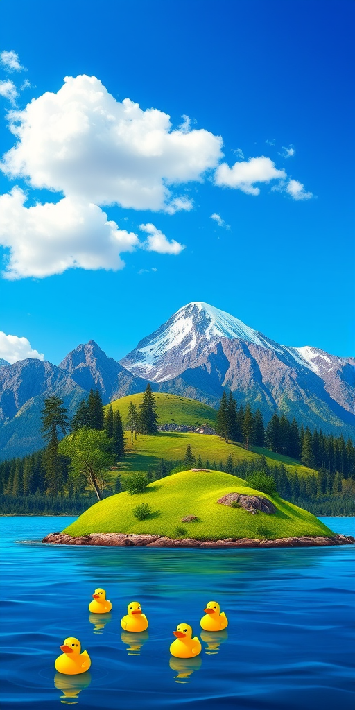 create a vibrant vector landscape illustration of a serene island with green hills, pine trees, brown mountains with snow caps, a clear blue sky, fluffy white clouds, and a small group of yellow rubber ducks floating in the water, use a wide-angle lens, with a high-resolution setting, vibrant color saturation, and sharp focus to enhance the details and overall quality of the image.