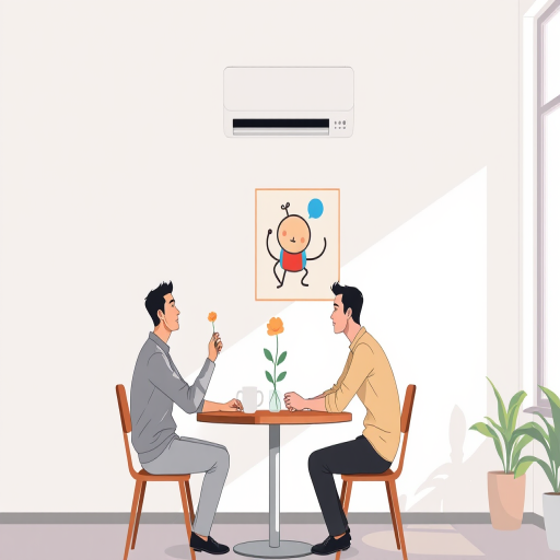 Create a minimalist illustration of two men sitting at a table, one offering a flower, in a modern room with a wall-mounted air conditioner and a playful abstract painting, captured with a DSLR camera at f/5.6 aperture, 24mm lens, natural lighting, and a slight vignette effect for depth.