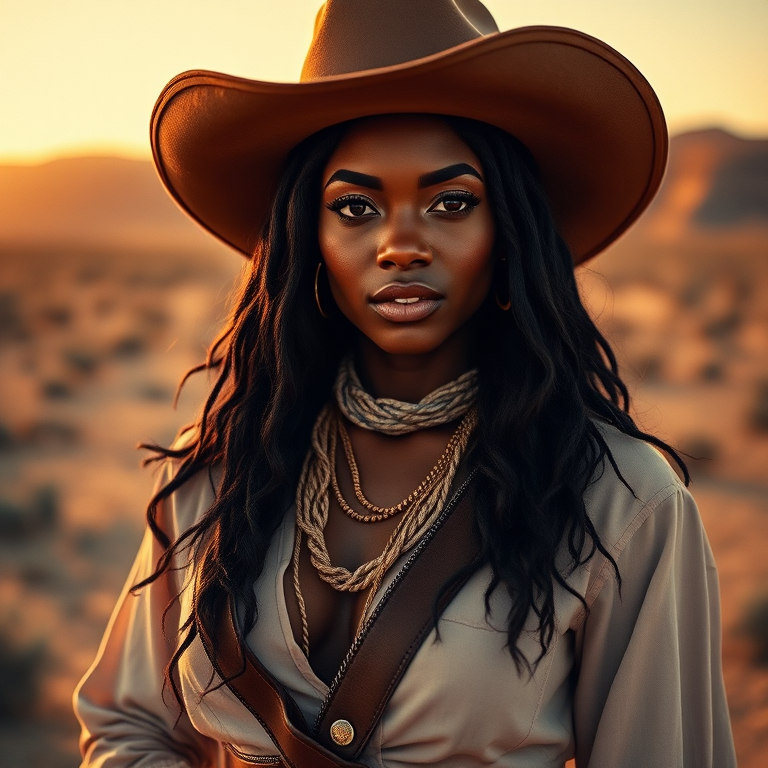 Dramatic photo of a beautiful Afro-Caribbean woman, classic cowboy attire, confident and free spirit expression, half-length portrait, centered, golden hour desert landscape, warm, diffused light, low angle, medium format film camera, in style of Annie Leibovitz.