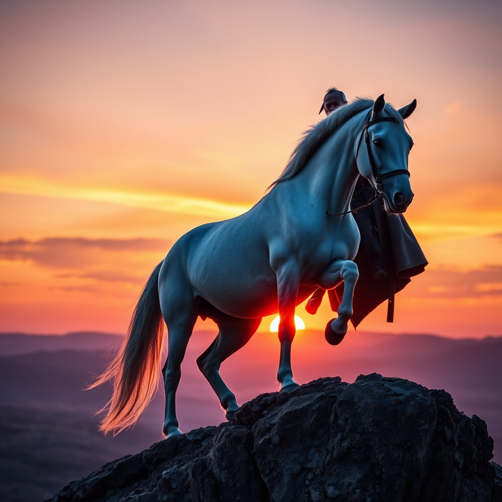 Create a dramatic scene of a wise, elderly warrior riding a majestic white horse atop a rocky cliff with a vibrant sunset in the background, emphasizing the orange and purple hues in the sky, captured with a DSLR camera at f/1.8 aperture, ISO 100, 24mm lens, with a shallow depth of field and high dynamic range settings for enhanced color vibrancy and detail.