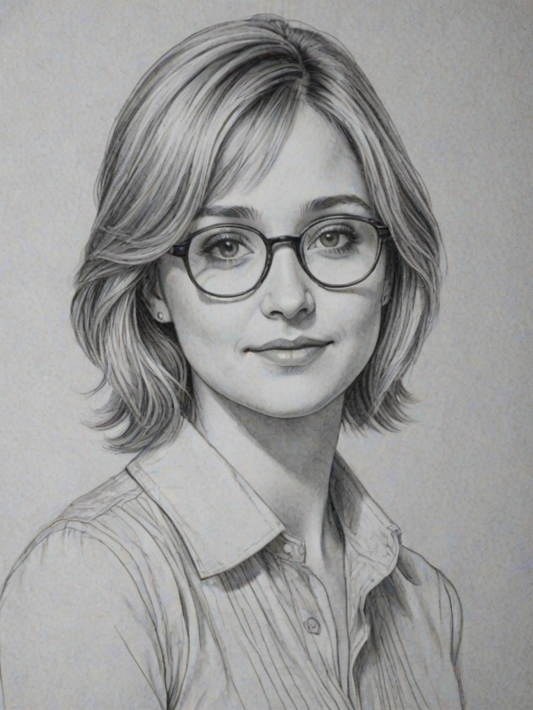 Elegant Allison Mack, pencil sketch, portrait of Wonderful woman 1970s in glasses, hair style beatnik, outline, clear lines, fine lines, 8k