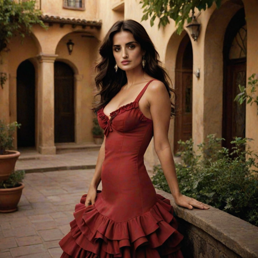 Alluring photograph of Penelope Cruz, celebrated for her performances in "Vicky Cristina Barcelona" and "Volver," capturing her sultry gaze, long dark hair, and full lips, dressed in a flamenco-inspired red dress with ruffles, posed gracefully in a dimly lit Spanish courtyard.