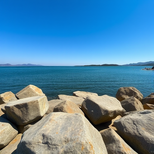 Capture a serene lakeside view with large rocks in the foreground and a calm blue sky, use a wide-angle lens, aperture f/8, ISO 200, shutter speed 1/250 sec, DSLR camera.
