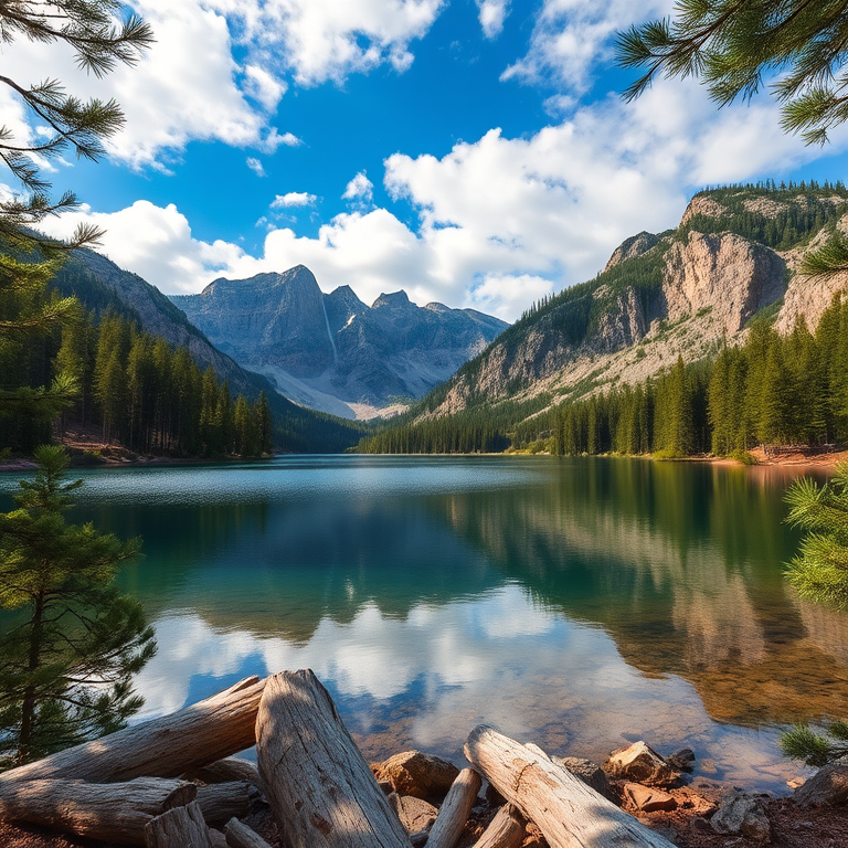 High-resolution landscape photo of a serene lake surrounded by pine trees and rocky cliffs, captured with a DSLR camera at f/8 aperture, 1/200 sec shutter speed, ISO 100, shot from a low angle with a wide-angle lens for enhanced depth and clarity.