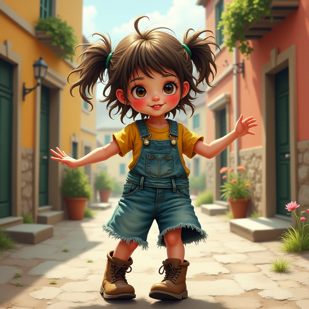 Whimsical little 3-year-old girl wearing scruffy tomboy clothes, boots, messy hair heavily blushed cheeks, pink lips, closely dancing in the street of an Italian village,Textured painterly fantasy artistic mixed media