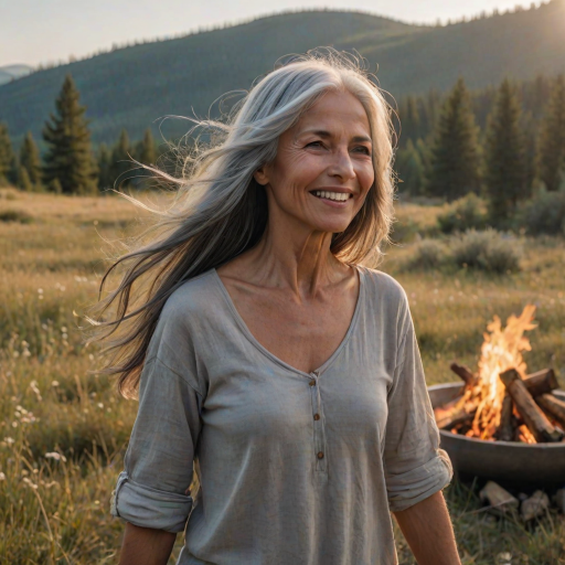 ultrarealistic, beautiful caucasian woman, Indian pirouette on her head, gray hair, long straight hair, the sun gently illuminates her hair. Ultrarealistic skin, stands in the meadow, 1 girl, age - about 50 years old, swarthy complexion, ultrarealistic skin, smiles gently, stands near the campfire. She looks sexy