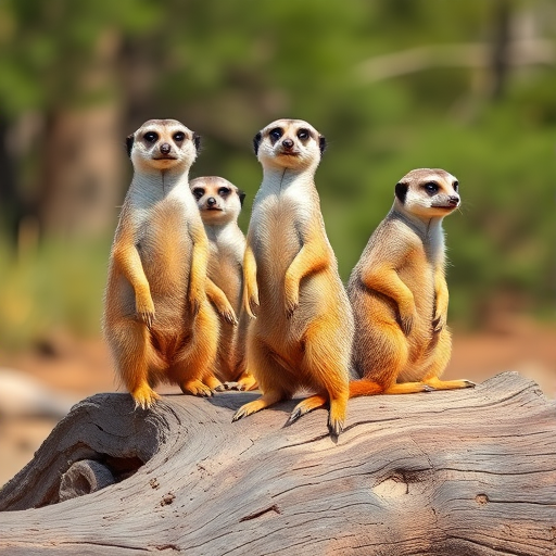 A group of meerkats standing and sitting on a log in a natural setting during daylight, captured with a DSLR camera at f/8 aperture, ISO 200, 1/500 sec shutter speed, with a 50mm lens, shallow depth of field, natural lighting, and a wide-angle perspective to enhance the scene.