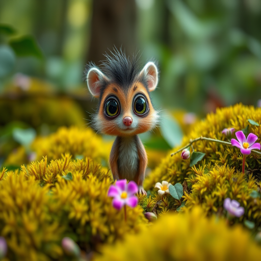 a whimsical creature with big eyes and fur, standing amidst vibrant moss and flowers in a lush forest, shot with a 50mm lens at f/1.8 for a shallow depth of field, natural light, with a soft focus background, using a DSLR camera