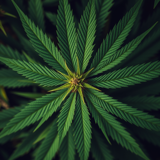 Generate a high-resolution image of a cannabis leaf composed of intricate green patterns, with a focus on vibrant colors and detail, shot with a DSLR camera at f/2.8 aperture, ISO 100, 50mm lens, from a top-down perspective with natural lighting.