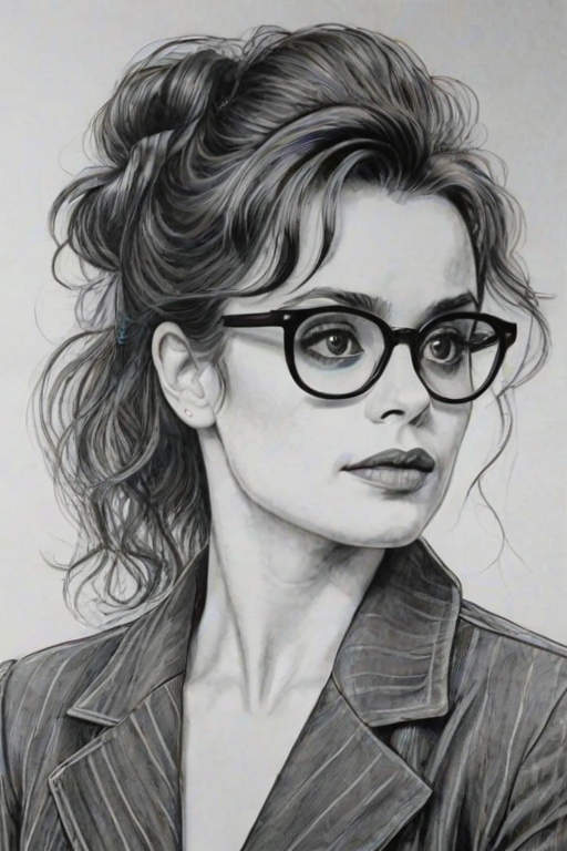 Exquisite Helena Bonham Carter, pencil sketch, portrait of Radiant woman 1964s in glasses, hair style beatnik, outline, clear lines, fine lines, 8k