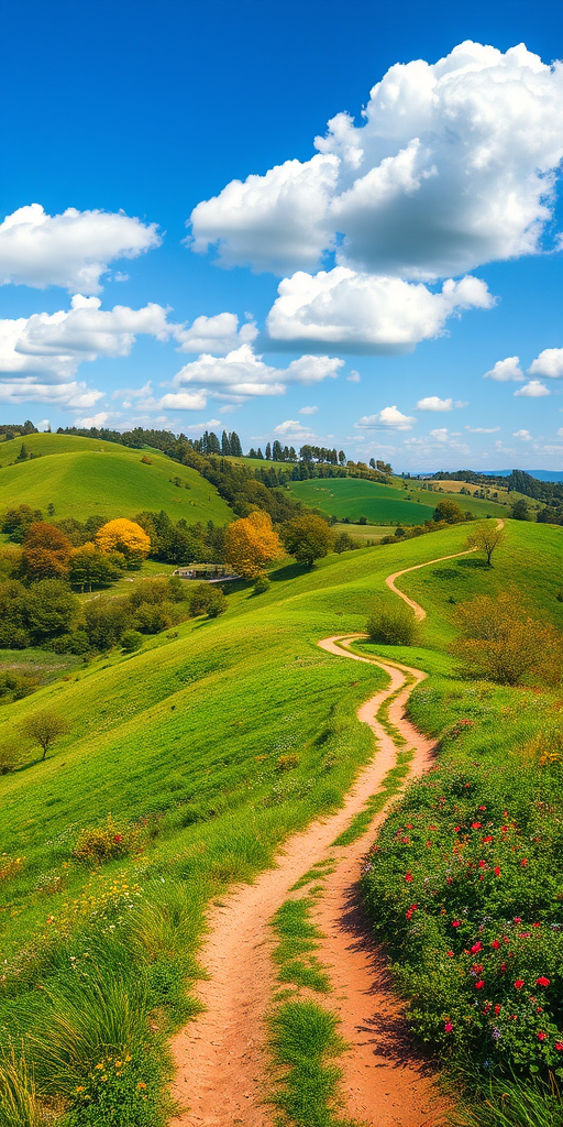 Create a vibrant landscape featuring rolling green hills with a winding dirt path, diverse trees, colorful flowers scattered throughout, under a clear blue sky with fluffy white clouds, shot with a DSLR camera at f/8 aperture, 24mm focal length, in bright natural light, using a high dynamic range technique for enhanced detail and color saturation.