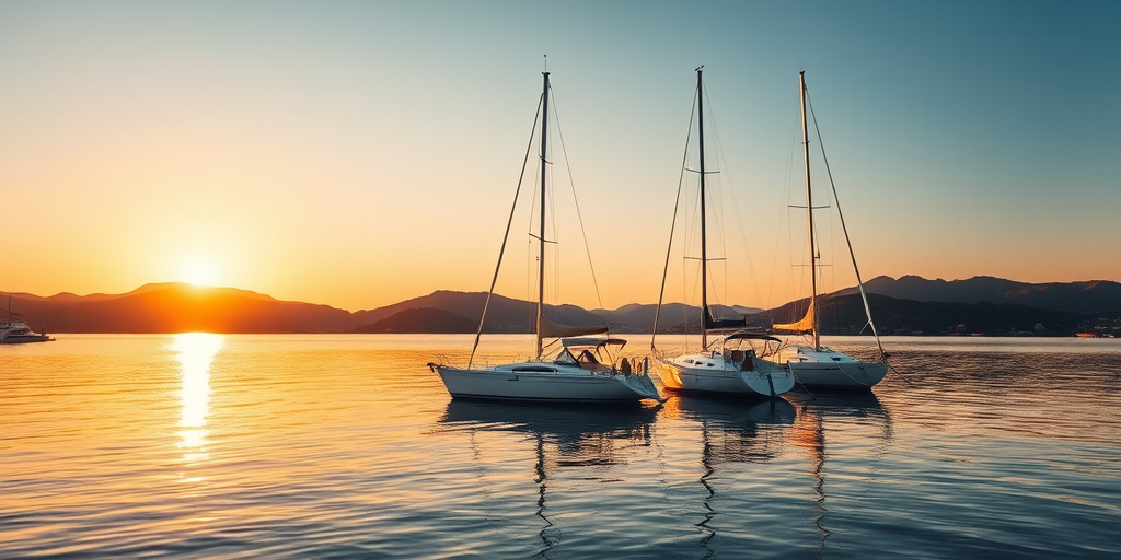 create an image of a tranquil harbor at sunset with three sailboats docked peacefully in the water surrounded by hills in the background, with soft golden light reflecting on the water, using a DSLR camera, aperture f/2.8, ISO 200, shutter speed 1/60 sec, shot from a low angle for depth and perspective, capturing warm colors and enhanced clarity.