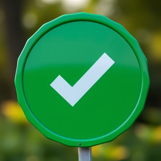 Create an image of a large green circular badge with a white checkmark in the center, using a Canon EOS 5D Mark IV, f/2.8 aperture, ISO 100, 50mm lens, natural lighting, and a soft focus style.